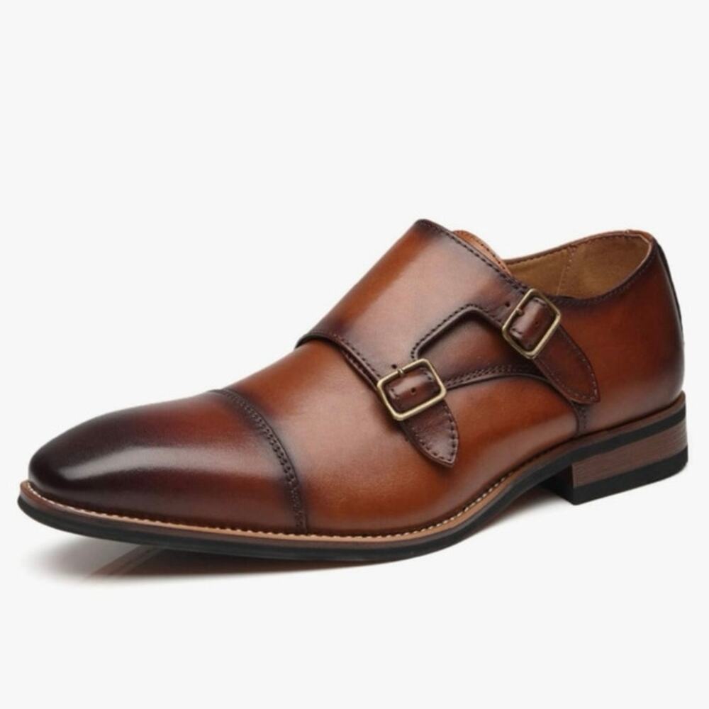 NEW‎ La Milano Clark Cognac Double Monk Strap Cap Toe Dress Shoes Leather Formal